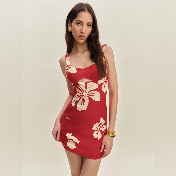 NEW Reformation Belma Linen Mini Dress Paradise Lost Red Floral | US 2 UK 4 - Picture 1 of 13